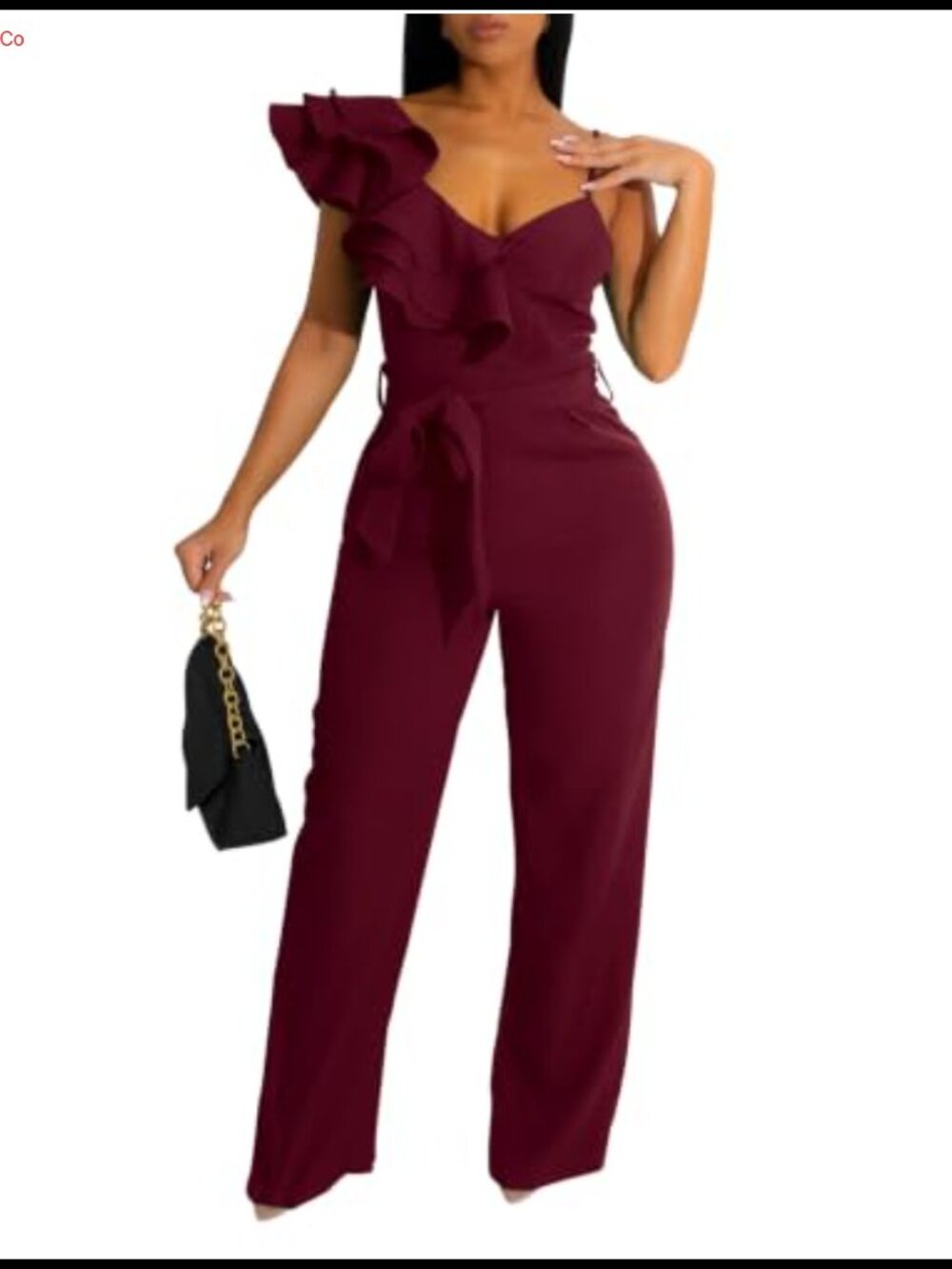 Women's Ruffle One Shoulder Wide Leg Jumpsuit Belted Sleeveless V-Neck